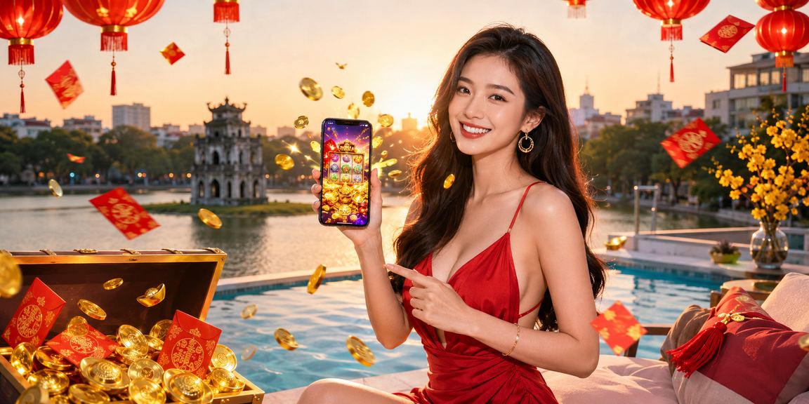Người dùng Hà Nội chơi slots trên điện thoại dưới ánh đèn lồng đêm phố cổ