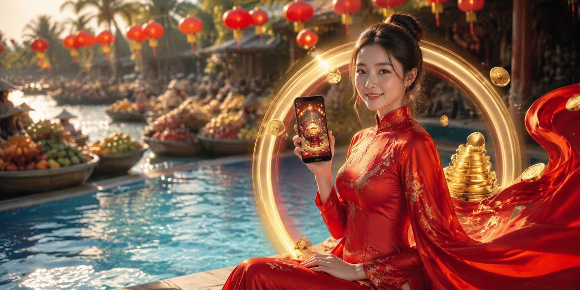 Người phụ nữ mặc áo dài bên sông Mekong kiểm tra giao dịch hoàn tiền trên điện thoại