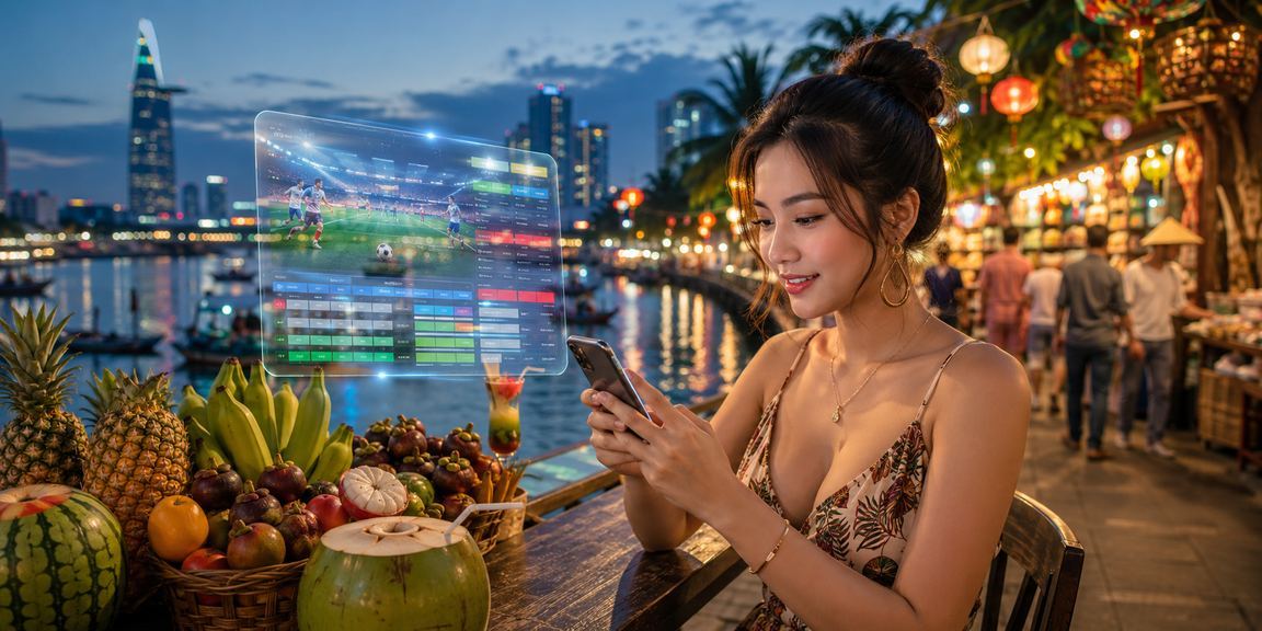 Người dùng Sài Gòn xem kèo cược thể thao trên điện thoại tại bãi biển buổi chiều